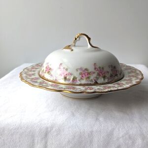 Antique Limoges France Elite Works Bridal Wreath Butter Dish Strainer & Lid